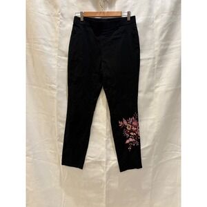 Style & Co Black Floral Embroidered Pull On Slim Pants Small